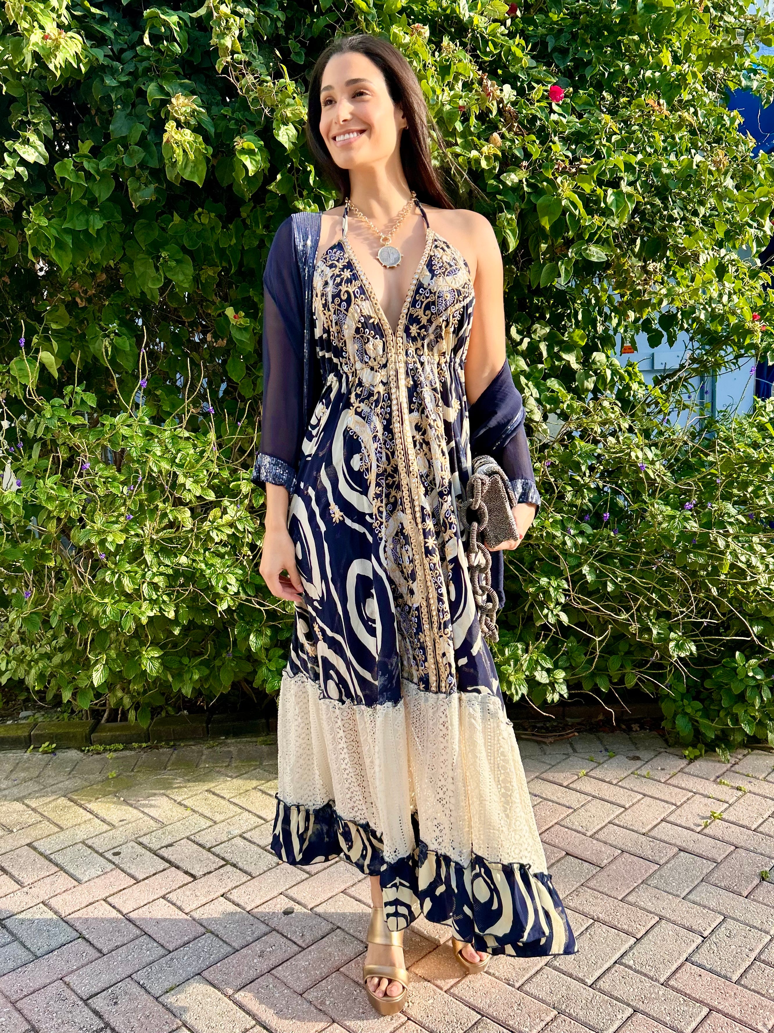 Riviera Muse Printed Halter Maxi Dress Navy