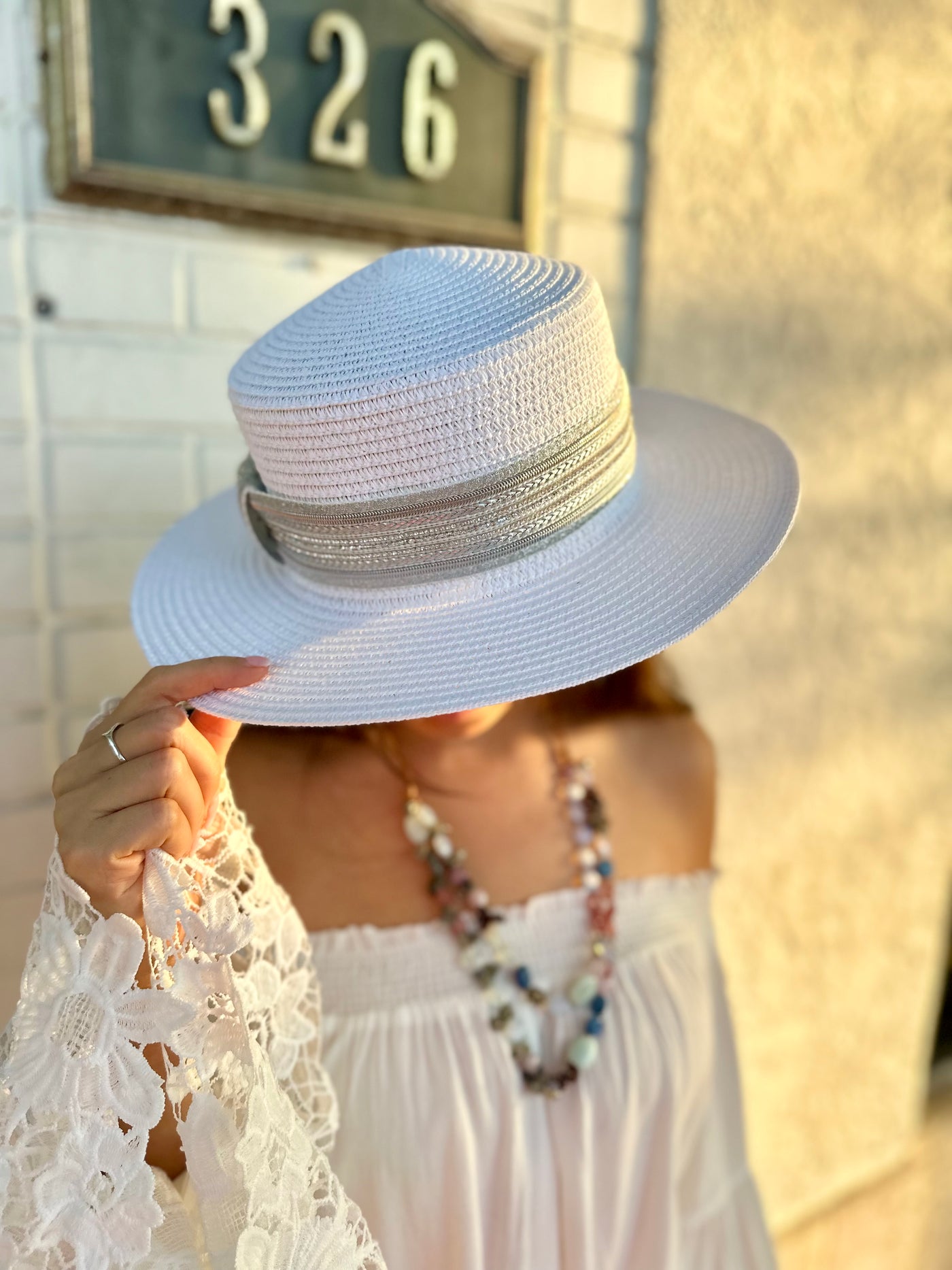 Glittery Ivory Straw Boaters Hat