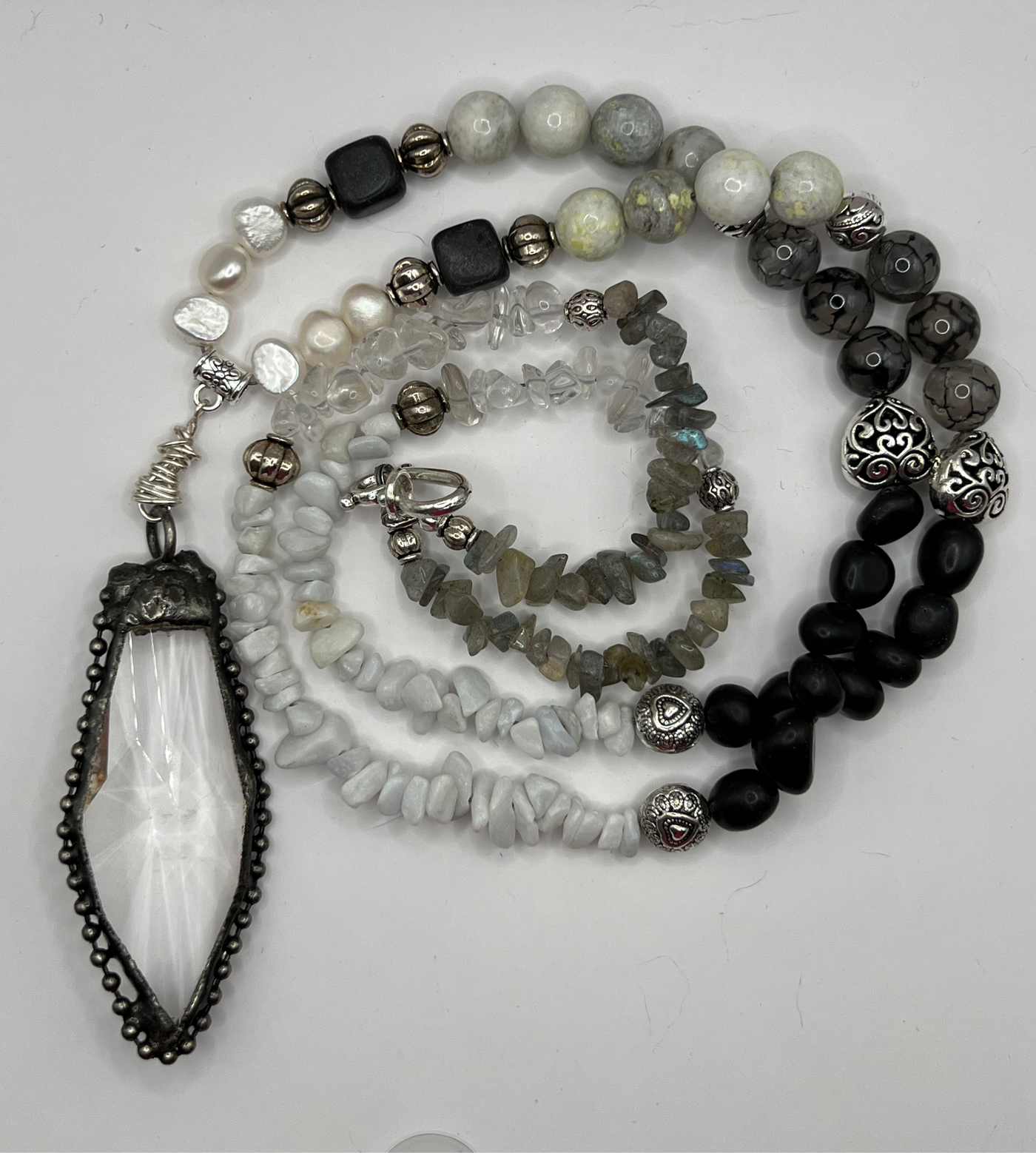 Sensational Crystal Pendant with Obsidian stones and Pearls- the Lana Necklace- My Heart to Yours Collection