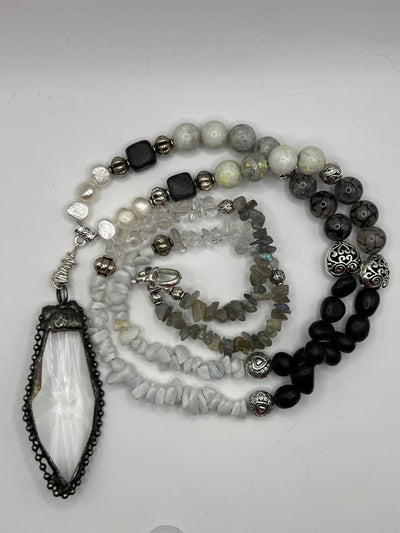 Sensational Crystal Pendant with Obsidian stones and Pearls- the Lana Necklace- My Heart to Yours Collection