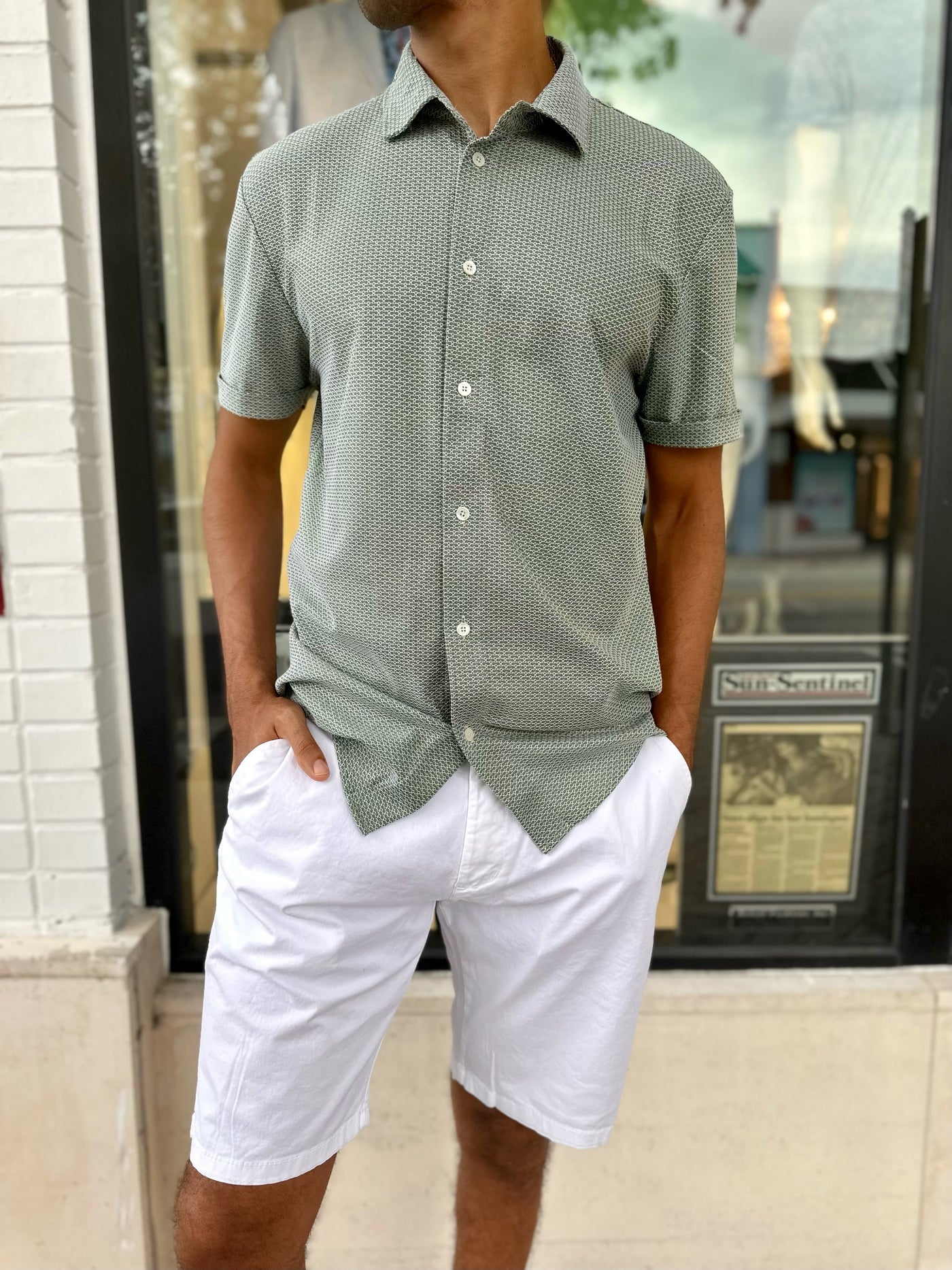 Olive Textured Short Sleeve Button Down