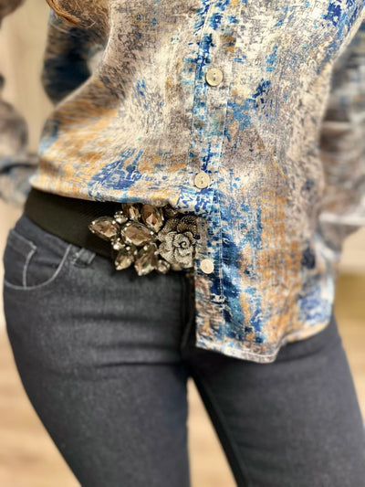 Blue Lagoon Rhinestone Long Sleeve Button Down