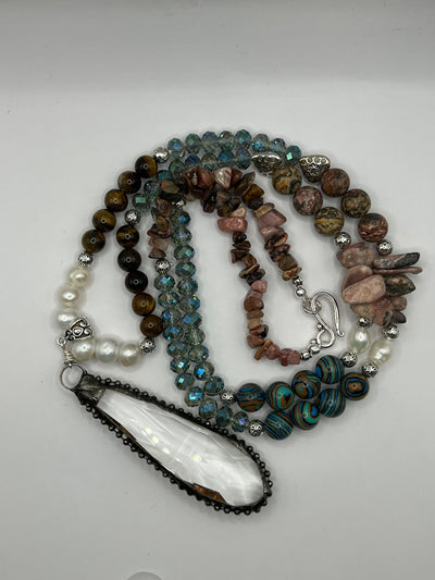 Crystal Pendant With Tiger Eye and Malachite and Pearls- Claire Necklace