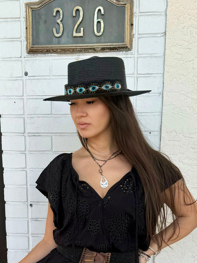 Beaded Evil Eye Straw Boaters Hat