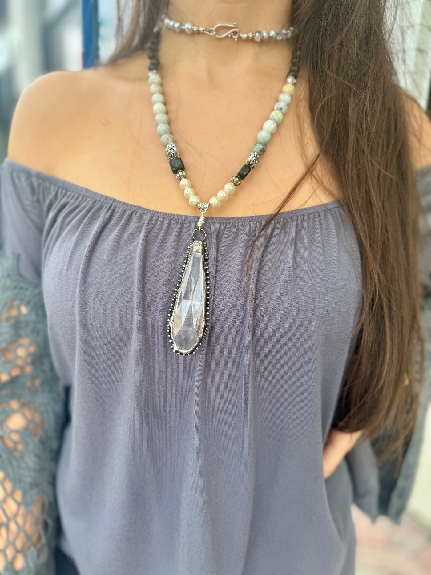 Sensational Crystal Pendant with Obsidian stones and Pearls- the Lana Necklace- My Heart to Yours Collection