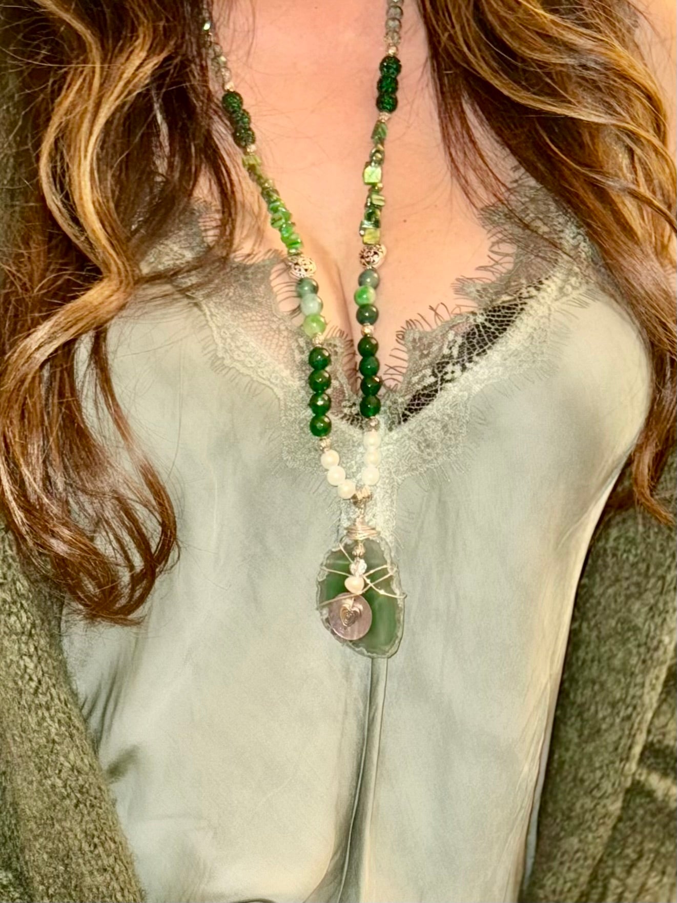 Luxurious Green Agate Wrapped Pendant Necklace- the Grenadine Necklace