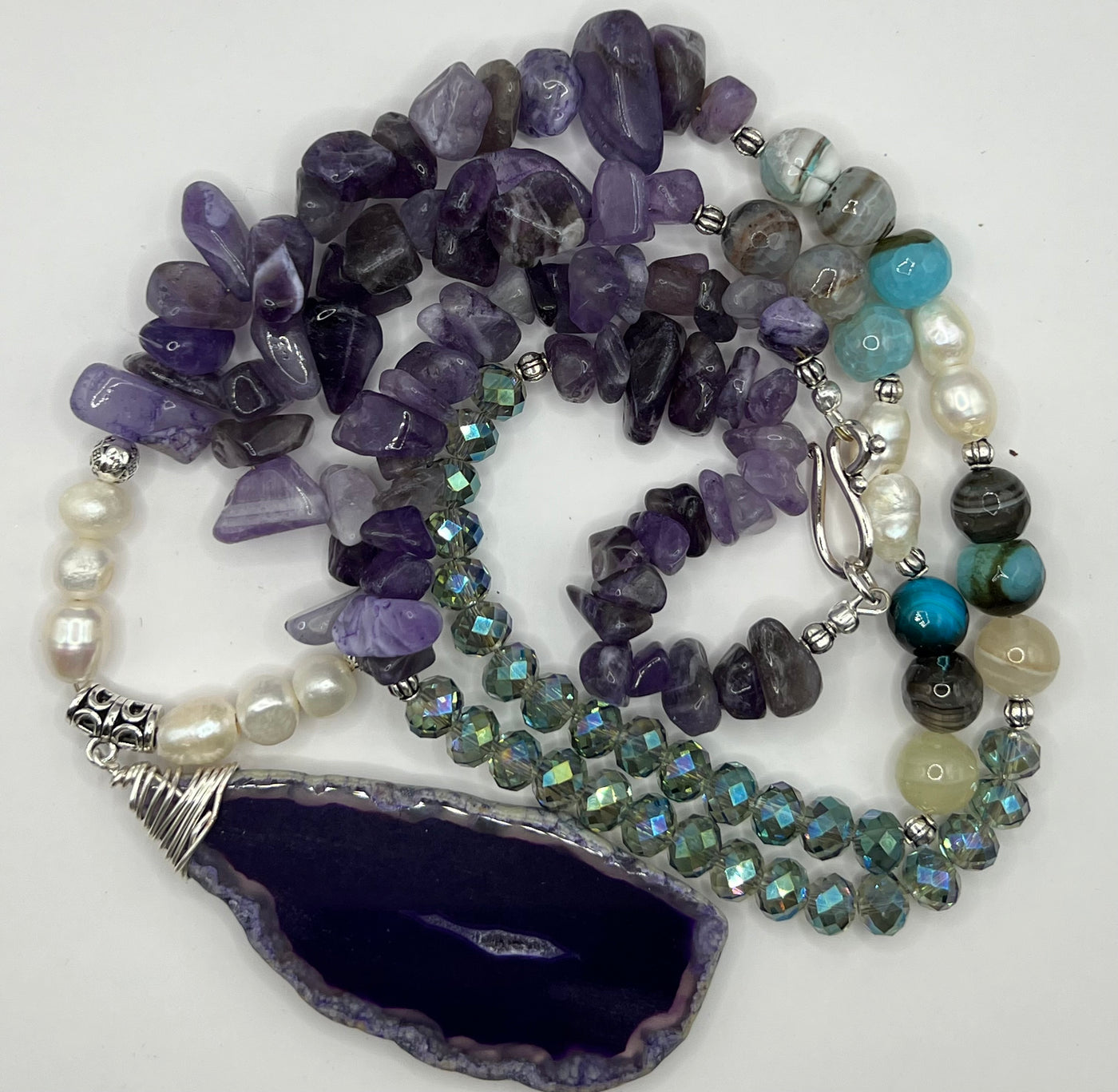 Luxurious Amethyst Agate Pendant with Fresh Water Pearls- Joslyn Necklace