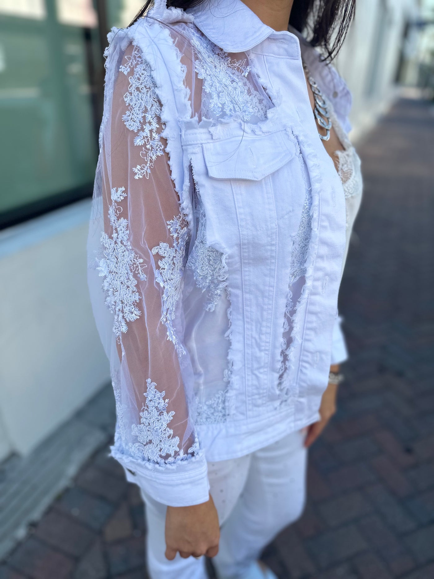 Sheer Floral Lace Denim Jacket