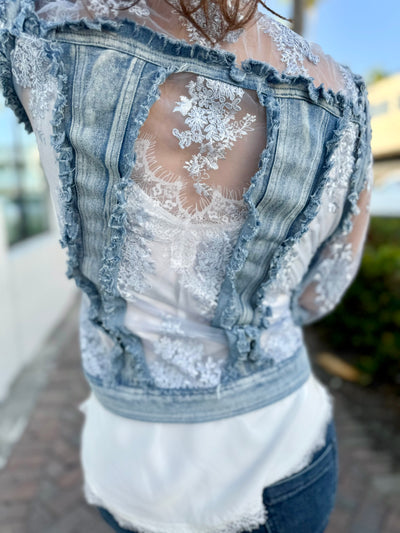 Sheer Floral Lace Denim Jacket