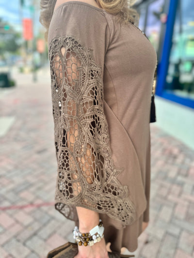 Mocha Lace Off the Shoulder Dress