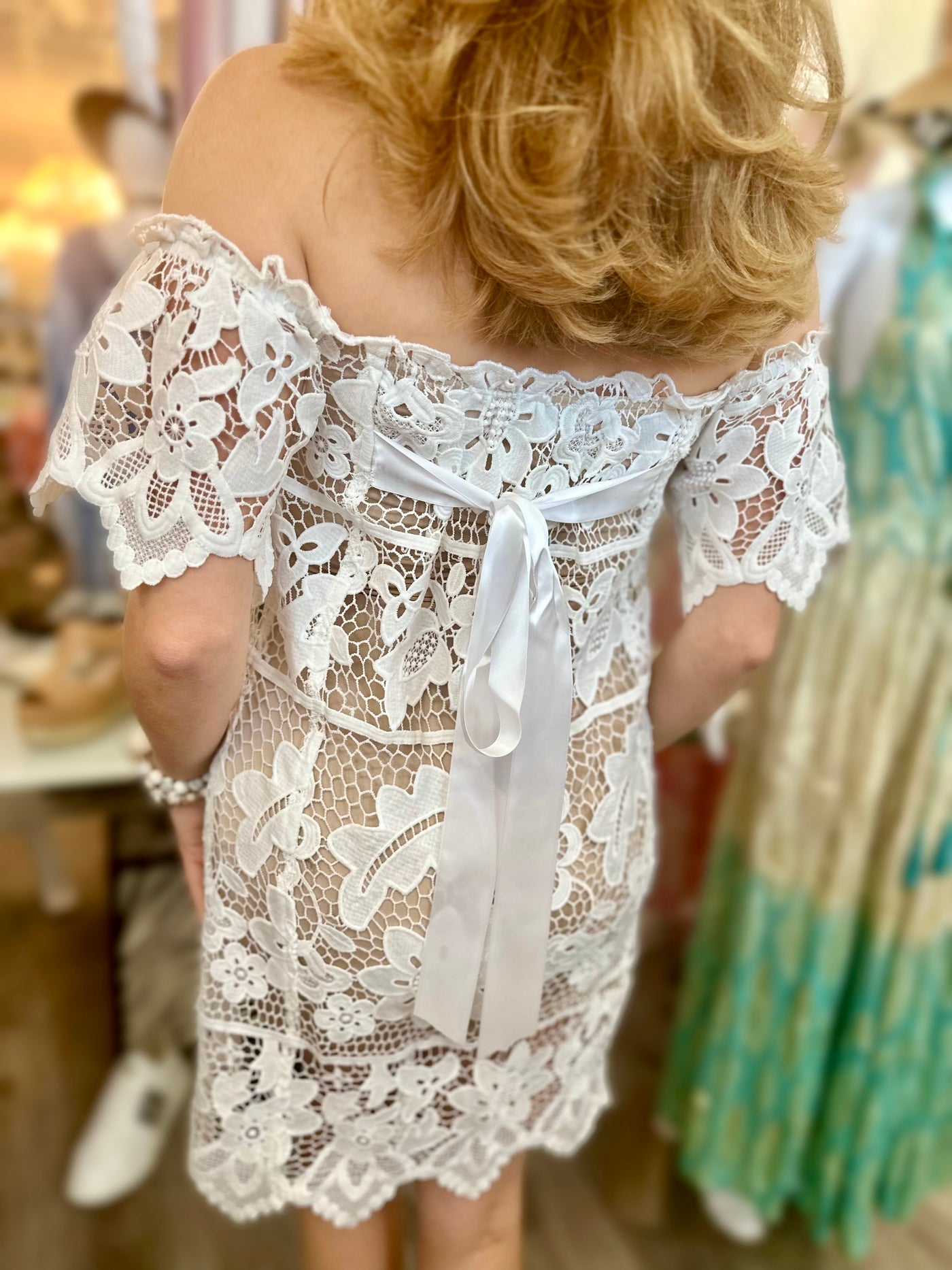 Camilla Off the Shoulder Lace Mini Dress