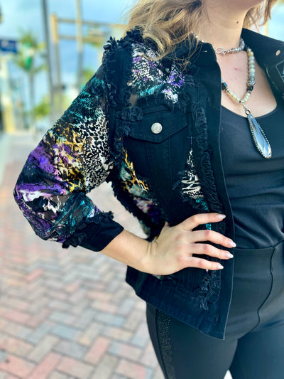 Color Me Fall Sheer Panel Black Denim Jacket