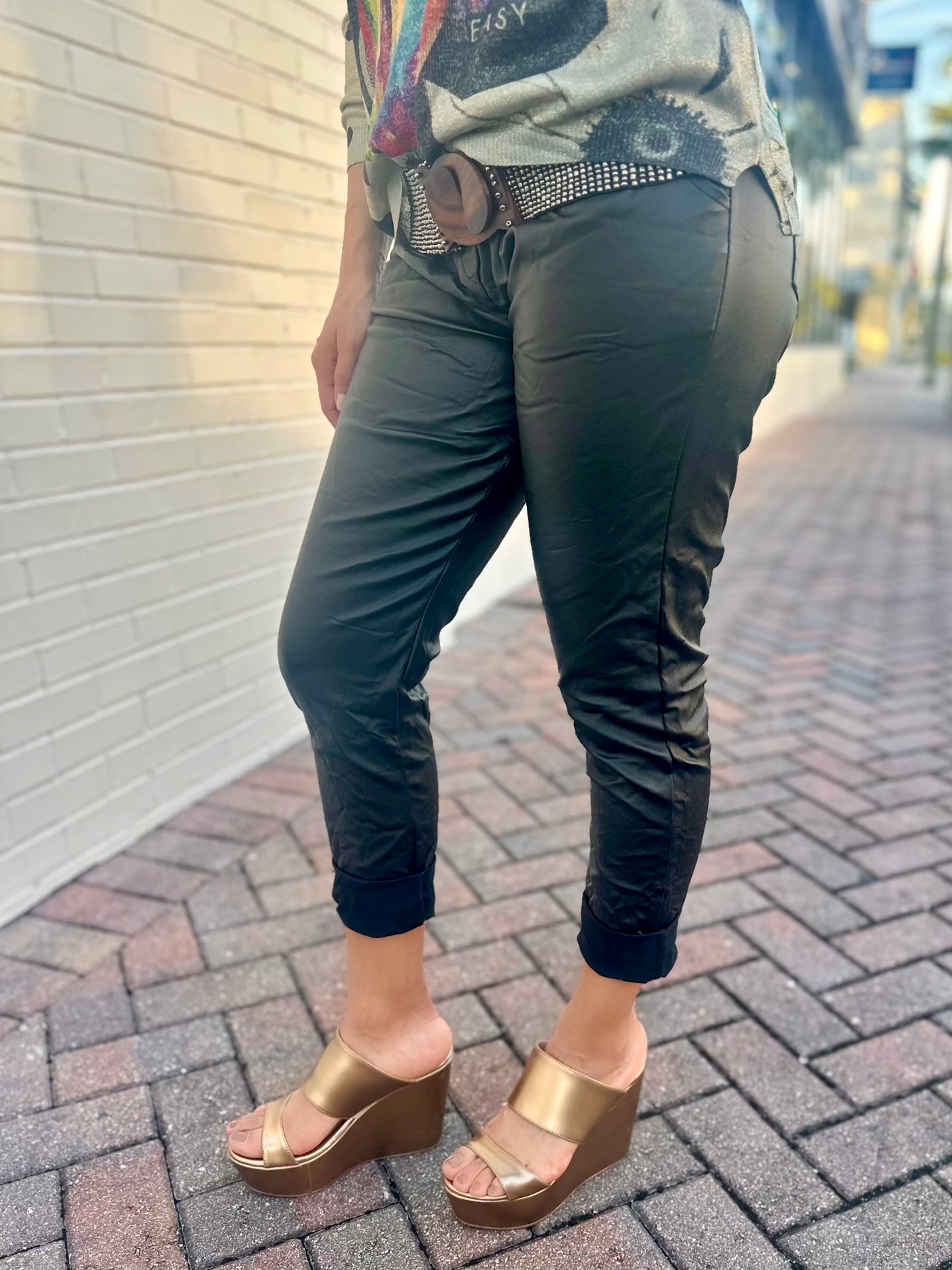 Metallic Vegan Leather Jogger Pants