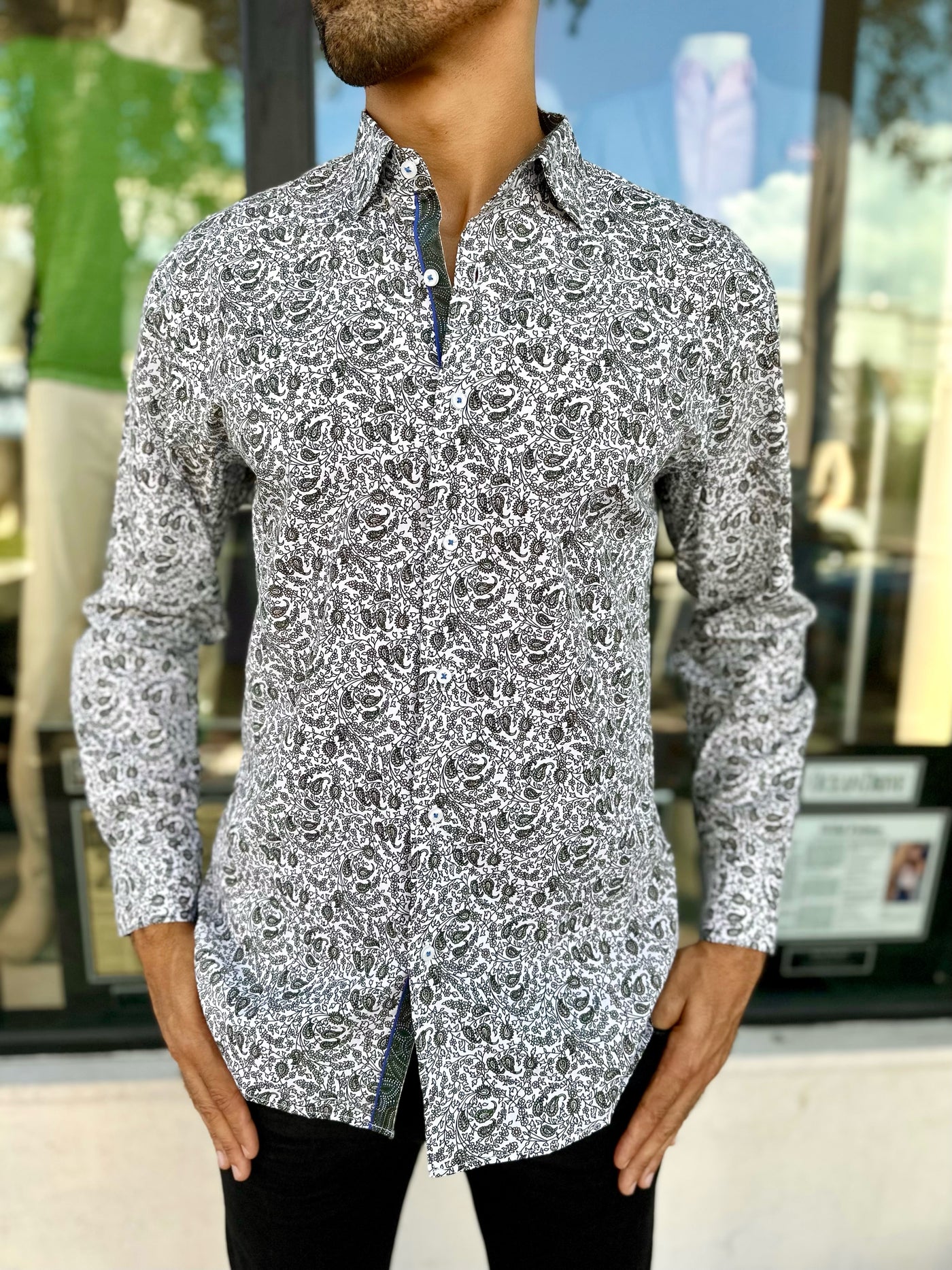 Olive Paisley Long Sleeve Button Down