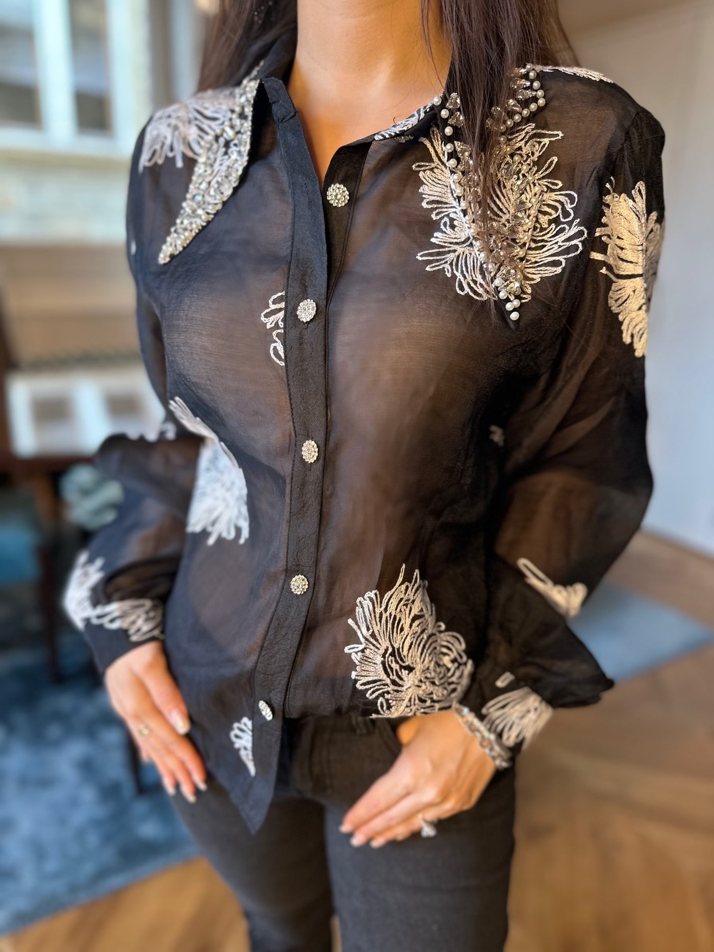 Erika Embellished Long Sleeve Button Down