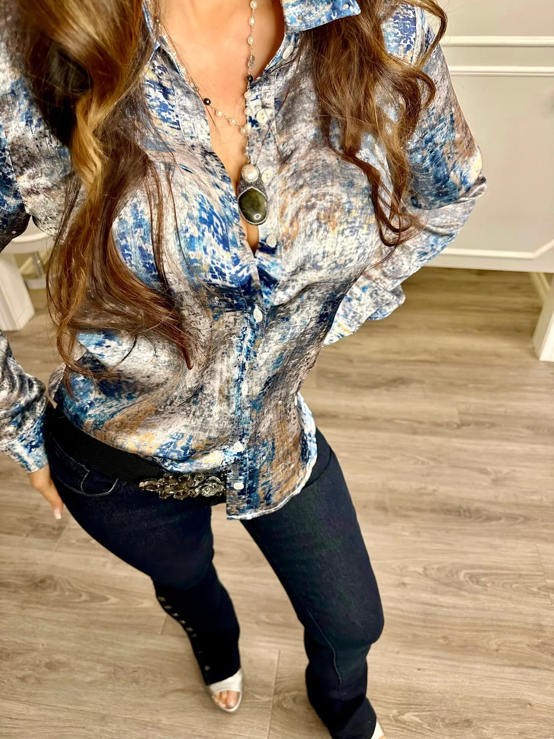 Blue Lagoon Rhinestone Long Sleeve Button Down