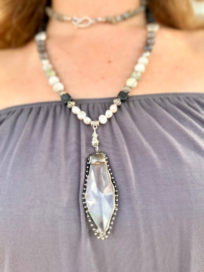 Sensational Crystal Pendant with Obsidian stones and Pearls- the Lana Necklace- My Heart to Yours Collection