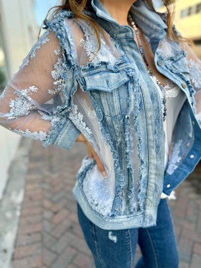 Sheer Floral Lace Denim Jacket