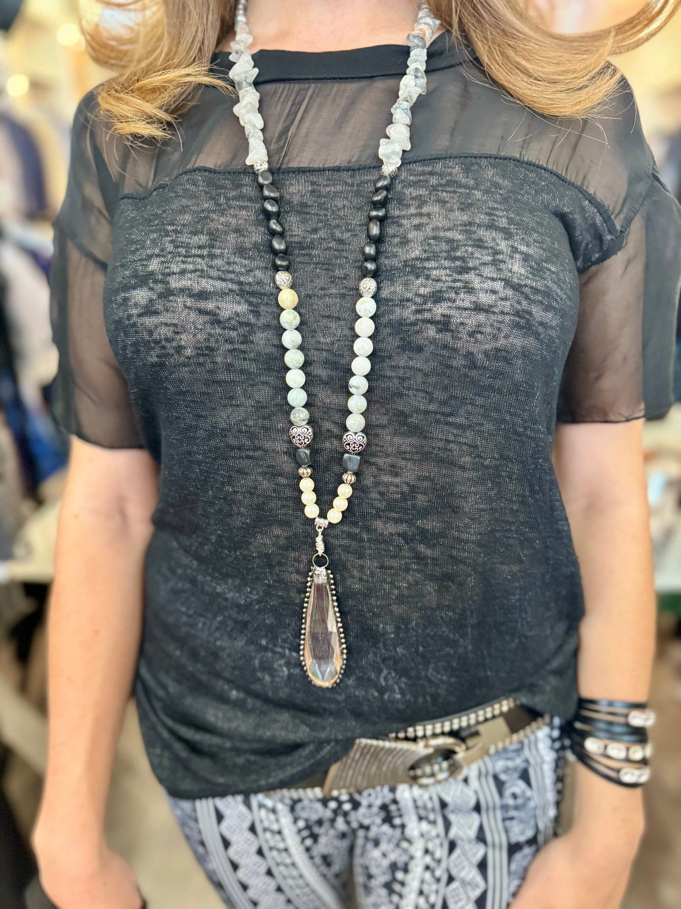 Sensational Crystal Pendant with Obsidian stones and Pearls- the Lana Necklace- My Heart to Yours Collection