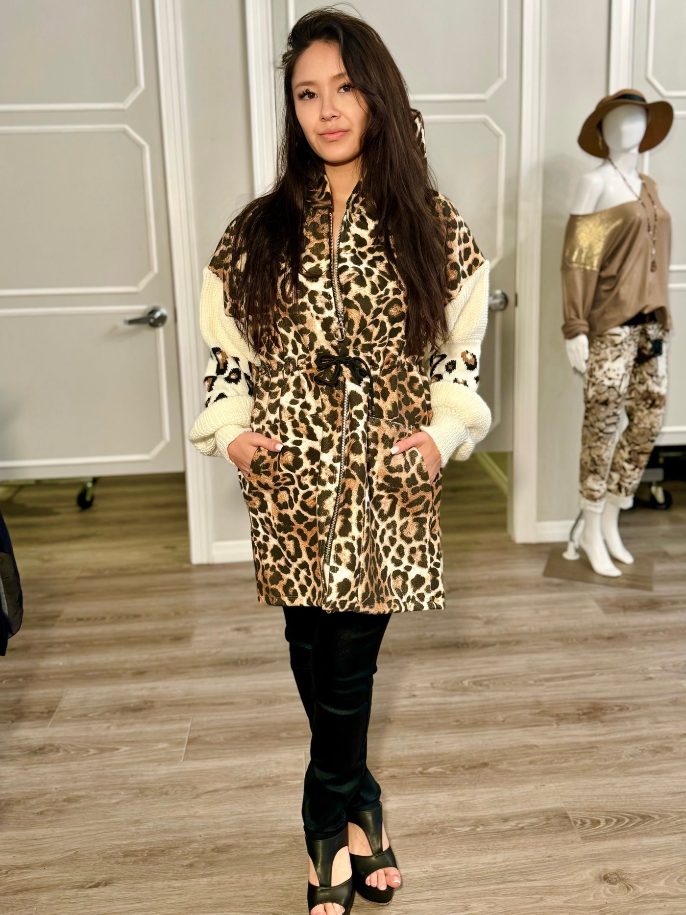 Cheetah Hoodie Coat with Drawstring