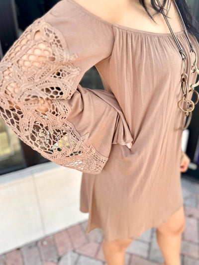 Mocha Lace Off the Shoulder Dress