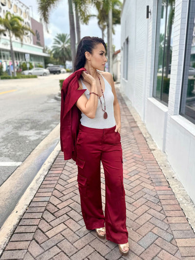 Maroon Satin-Feel Cargo Pants