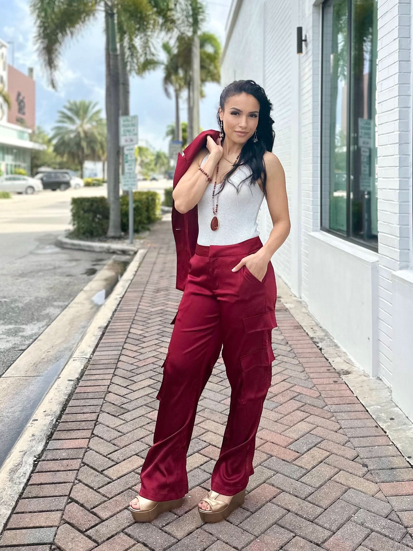 Maroon Satin-Feel Cargo Pants