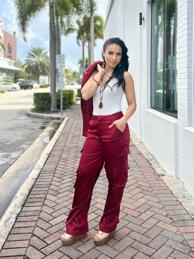 Maroon Satin-Feel Cargo Pants