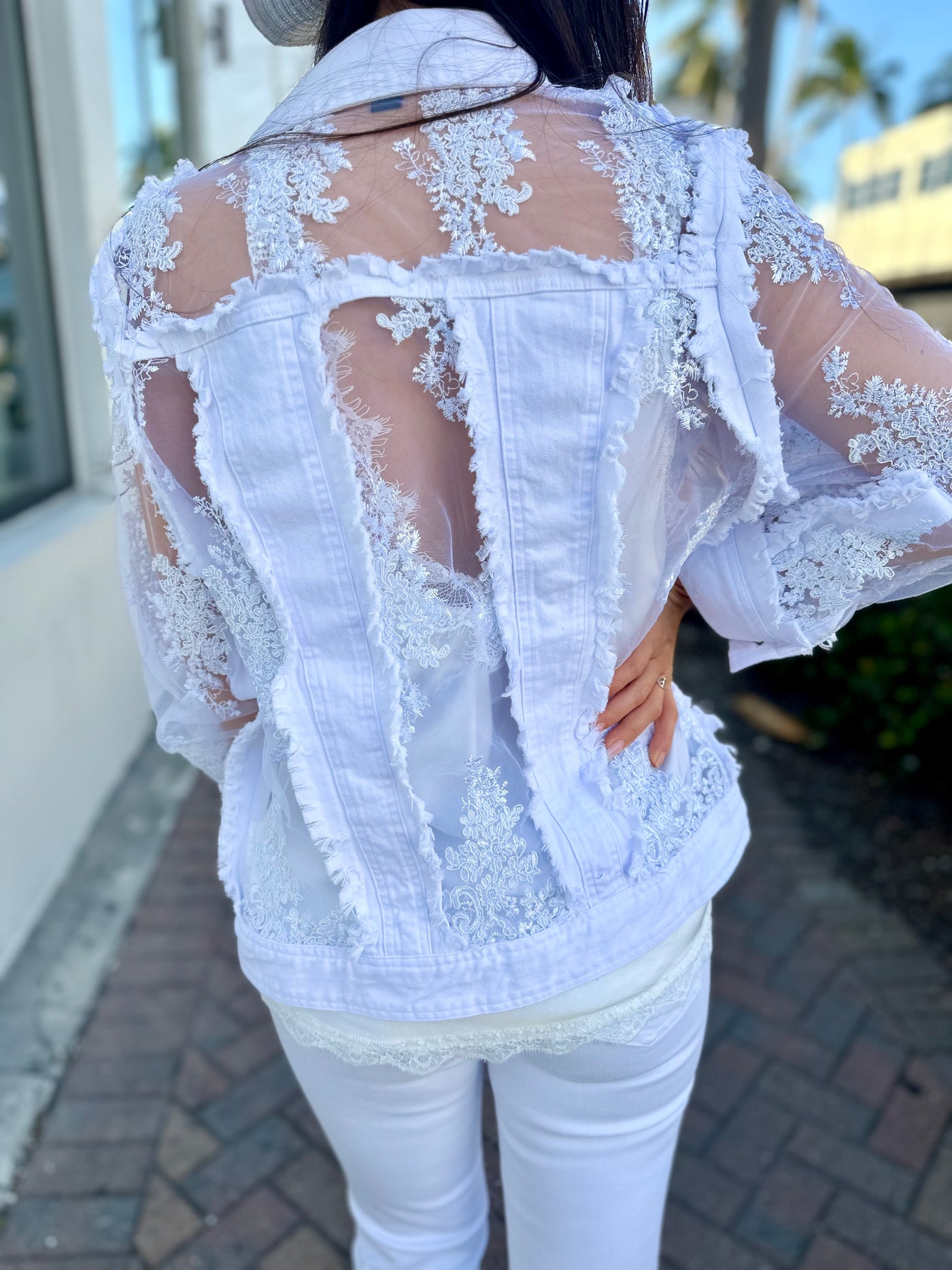 Sheer Floral Lace Denim Jacket