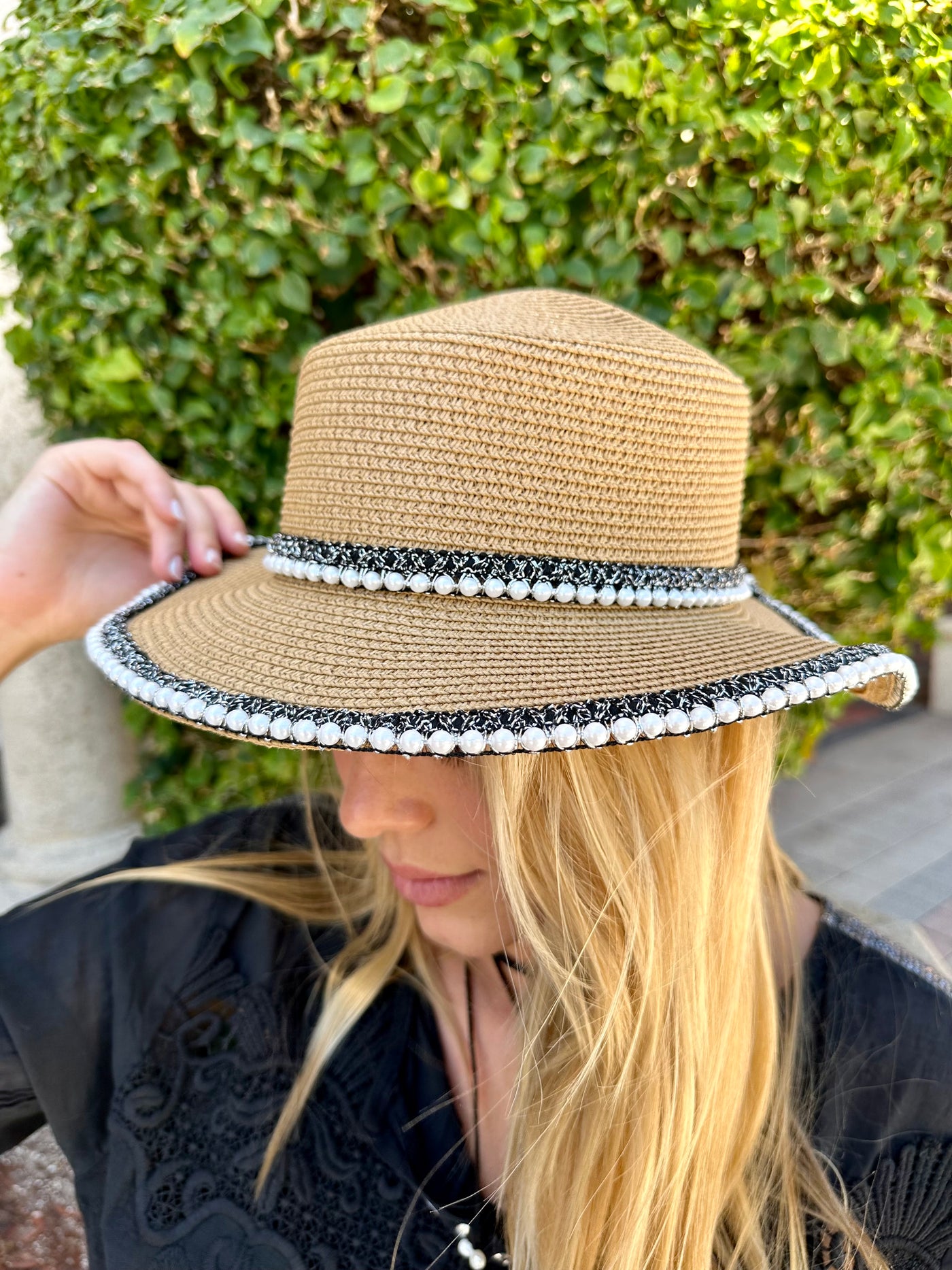 Glitter Pearl Straw Boaters Hat