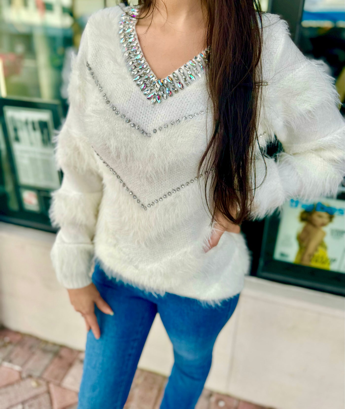 Evelyn Rhinestone Fuzzy Sweater