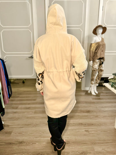 Cream Cheetah Hoodie Coat with Drawstring