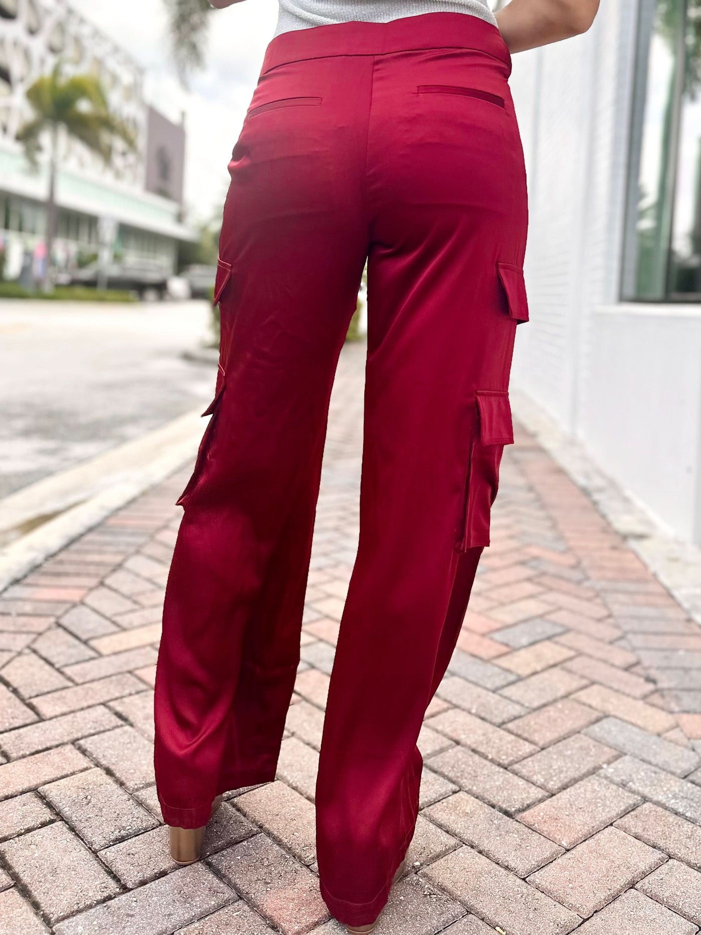 Maroon Satin-Feel Cargo Pants