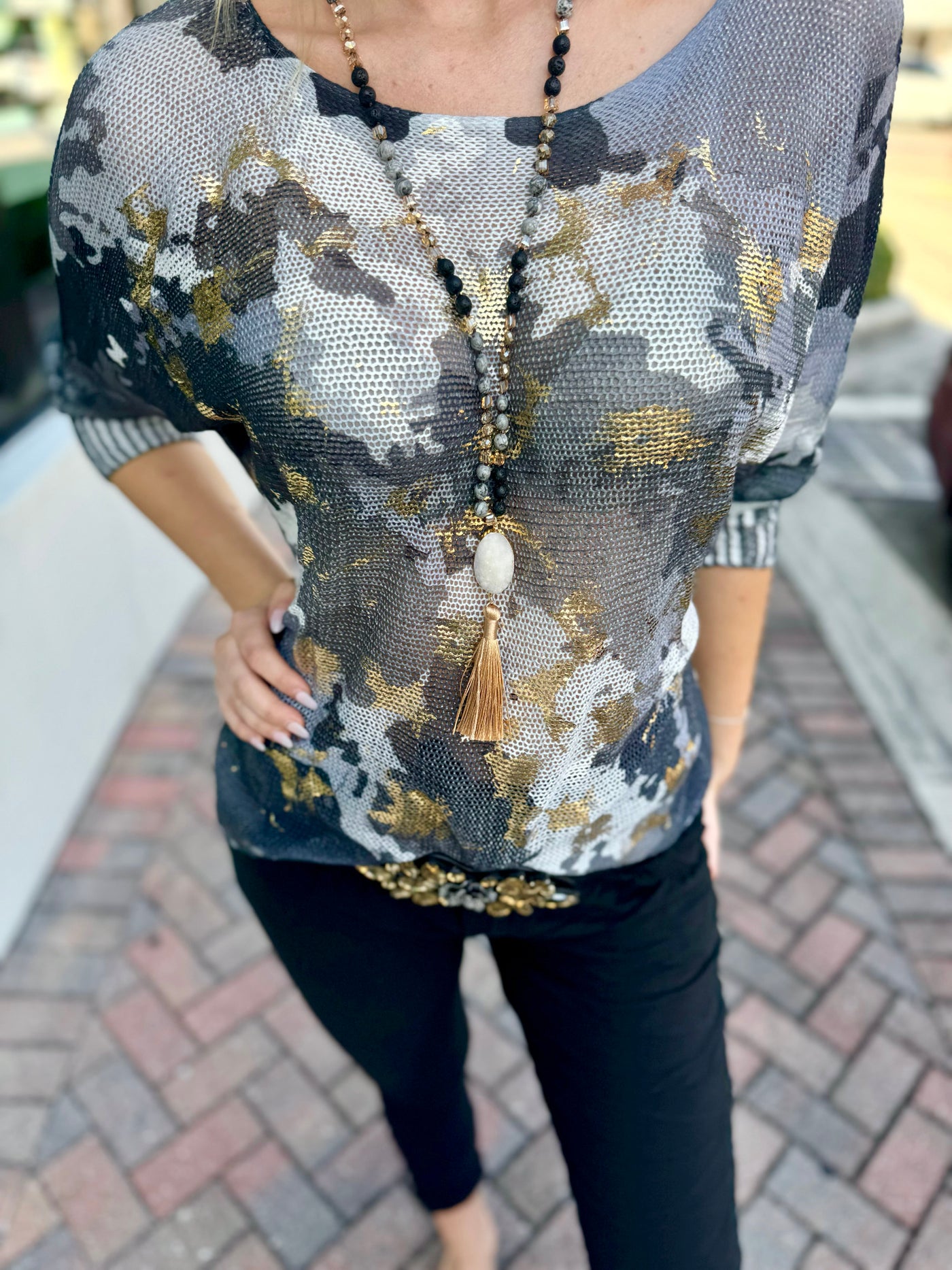 Golden Camo Dolman Sleeve Long Sleeve Knit