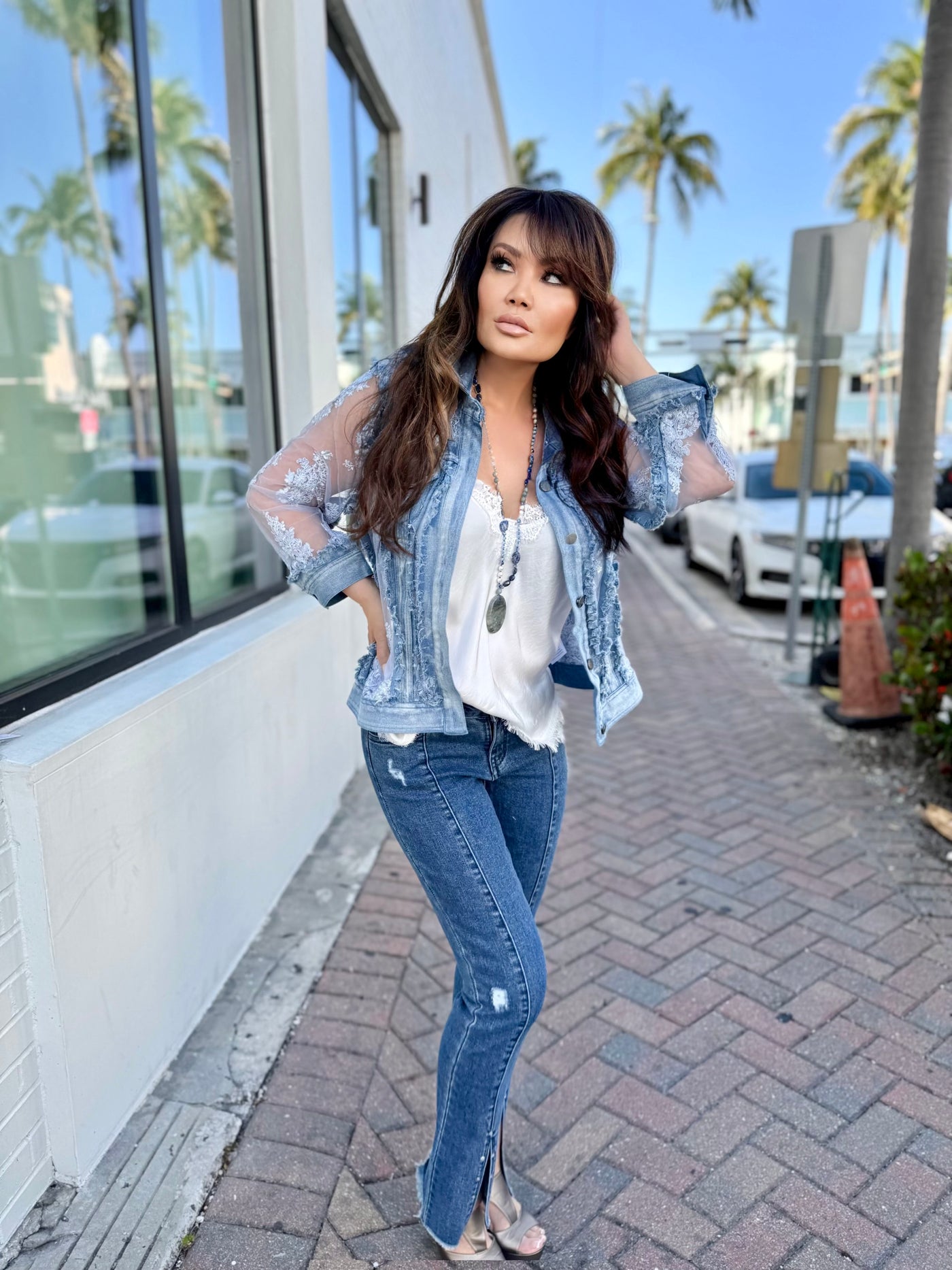 Sheer Floral Lace Denim Jacket