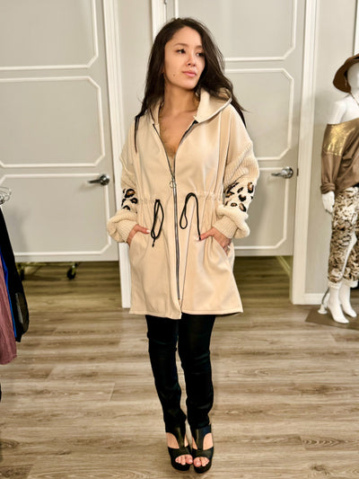 Cream Cheetah Hoodie Coat with Drawstring