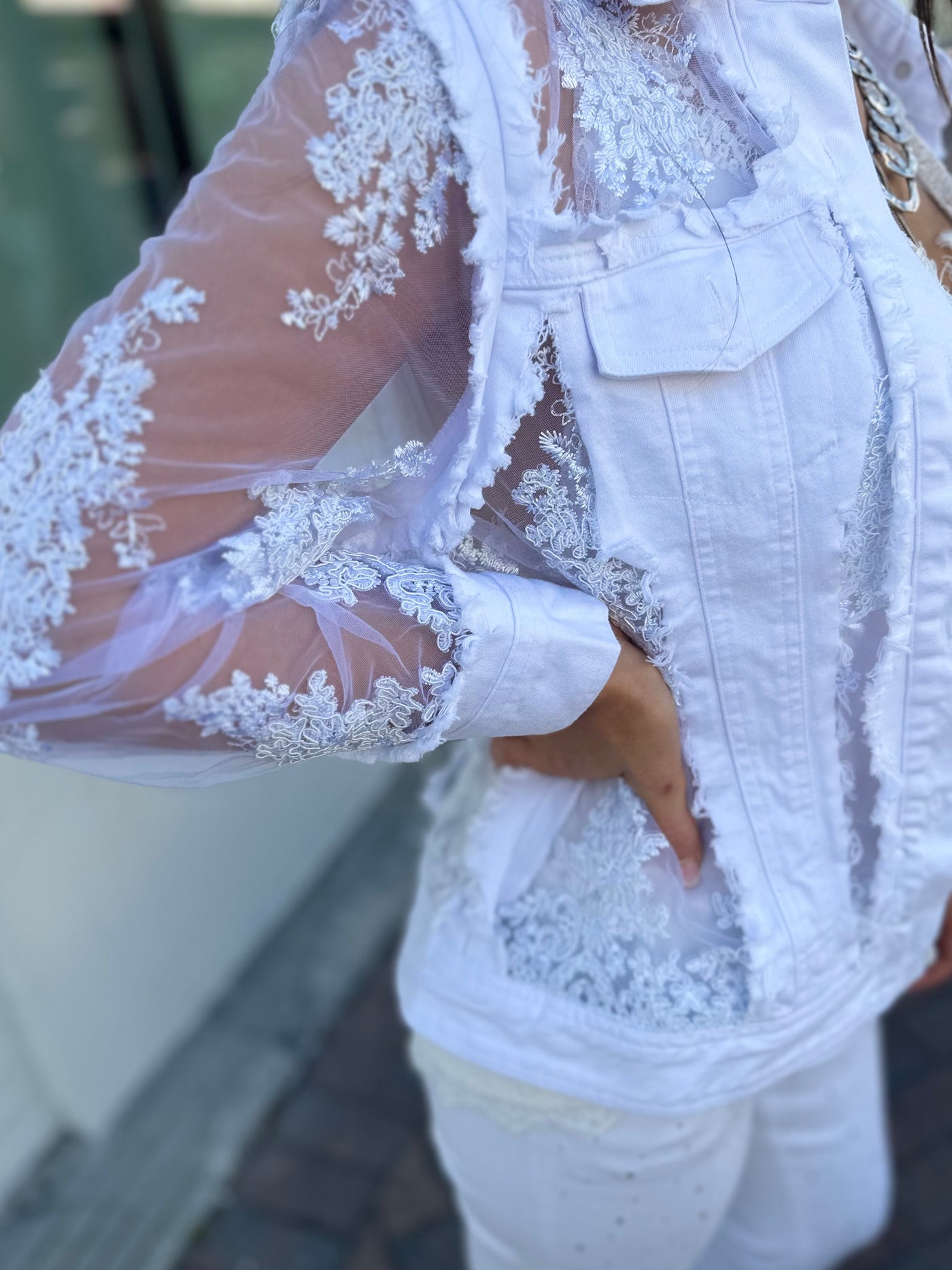 Sheer Floral Lace Denim Jacket