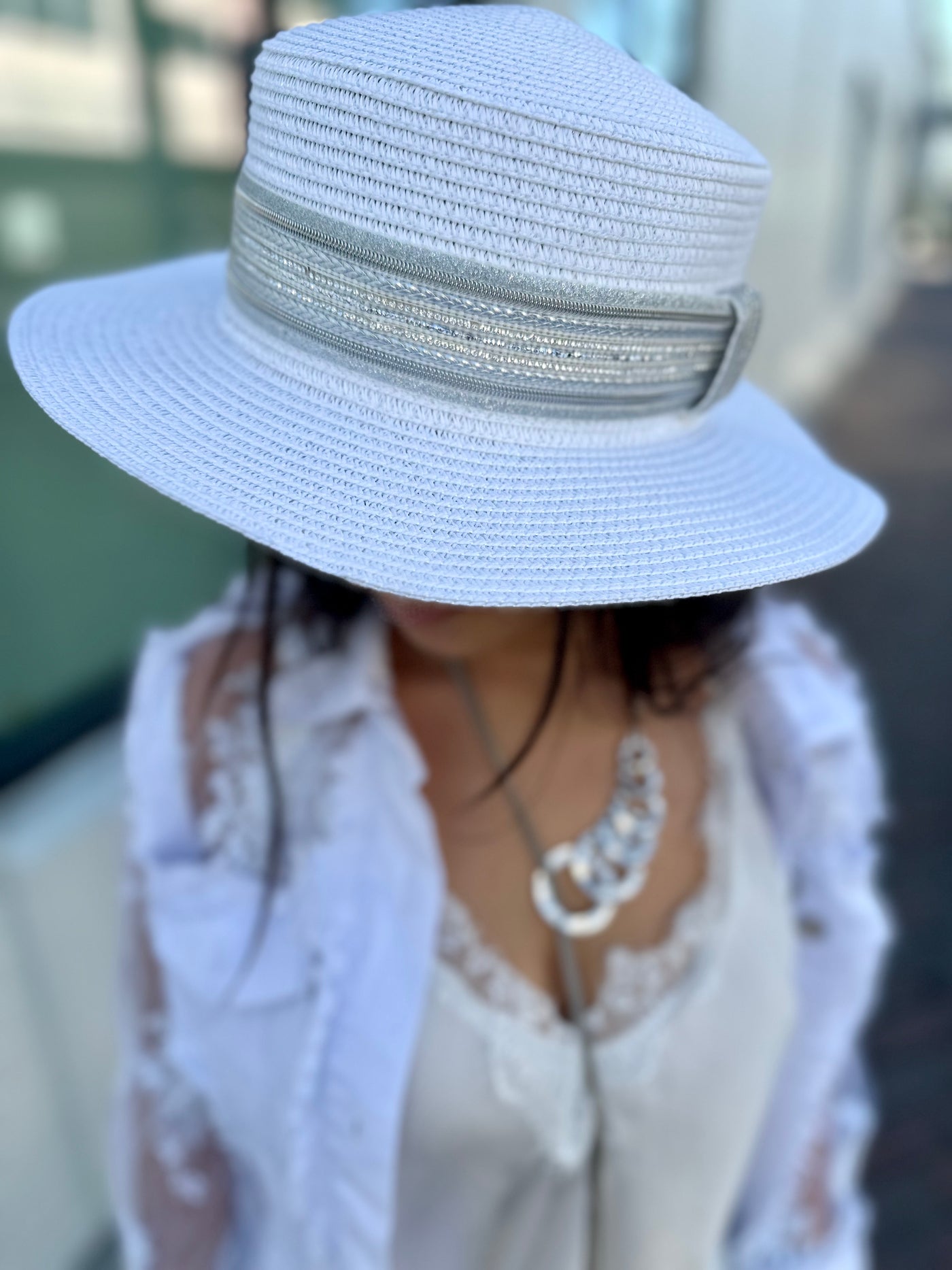 Glittery Ivory Straw Boaters Hat