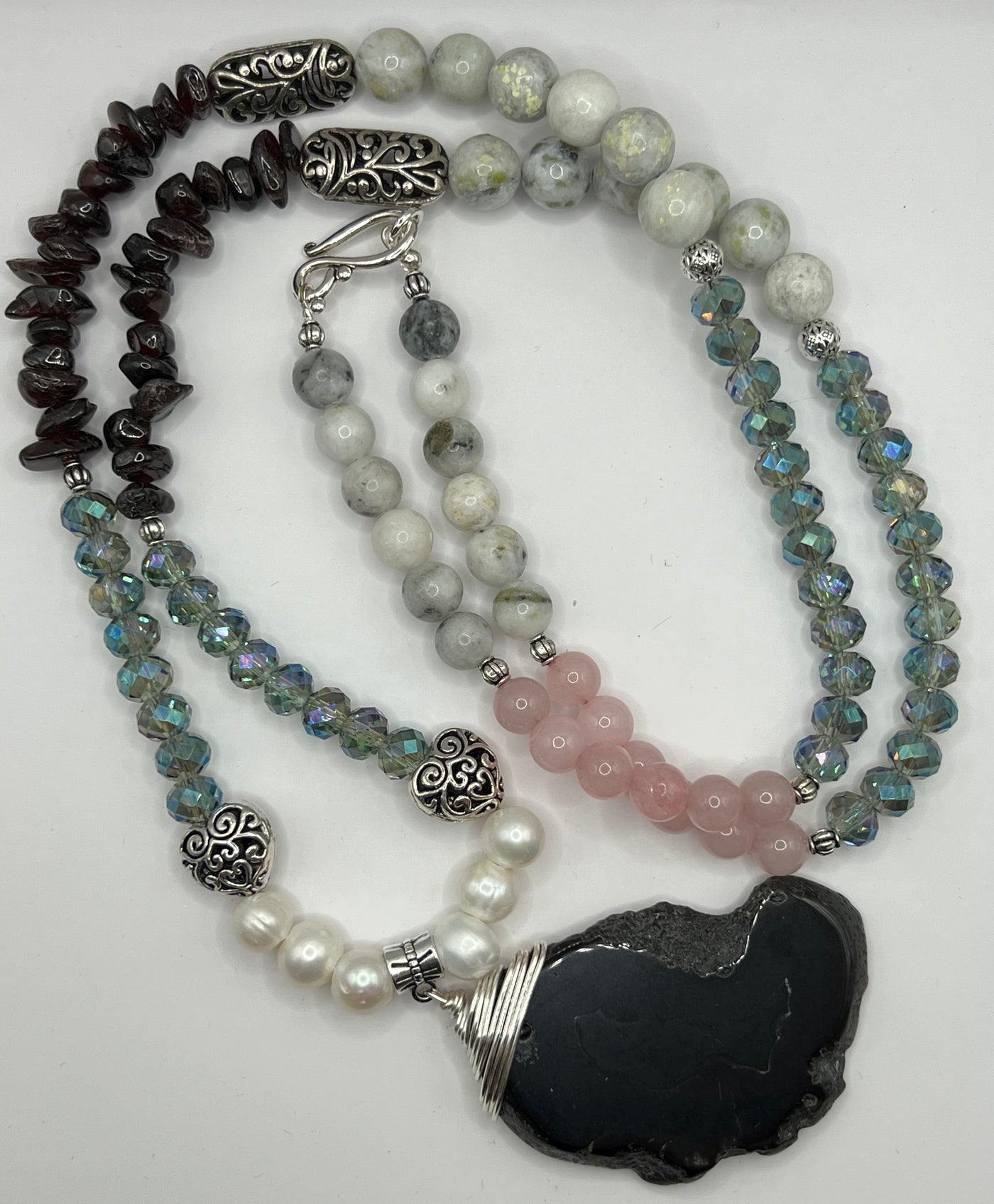 Sumptuous Black Agate Pendant With Fresh Water Pearls- The Nightingale Necklace
