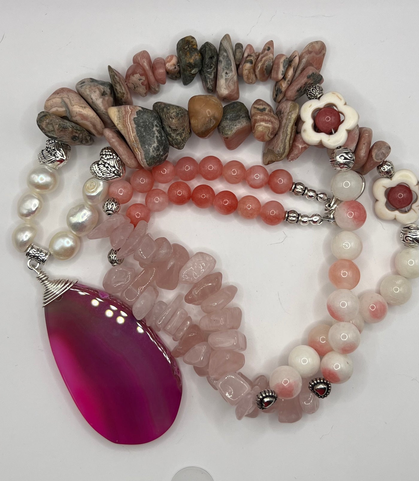 Magdalena Necklace- Stunning Magenta Agate Pendant Necklace with Fresh Water Pearls-My Heart to Yours Collection