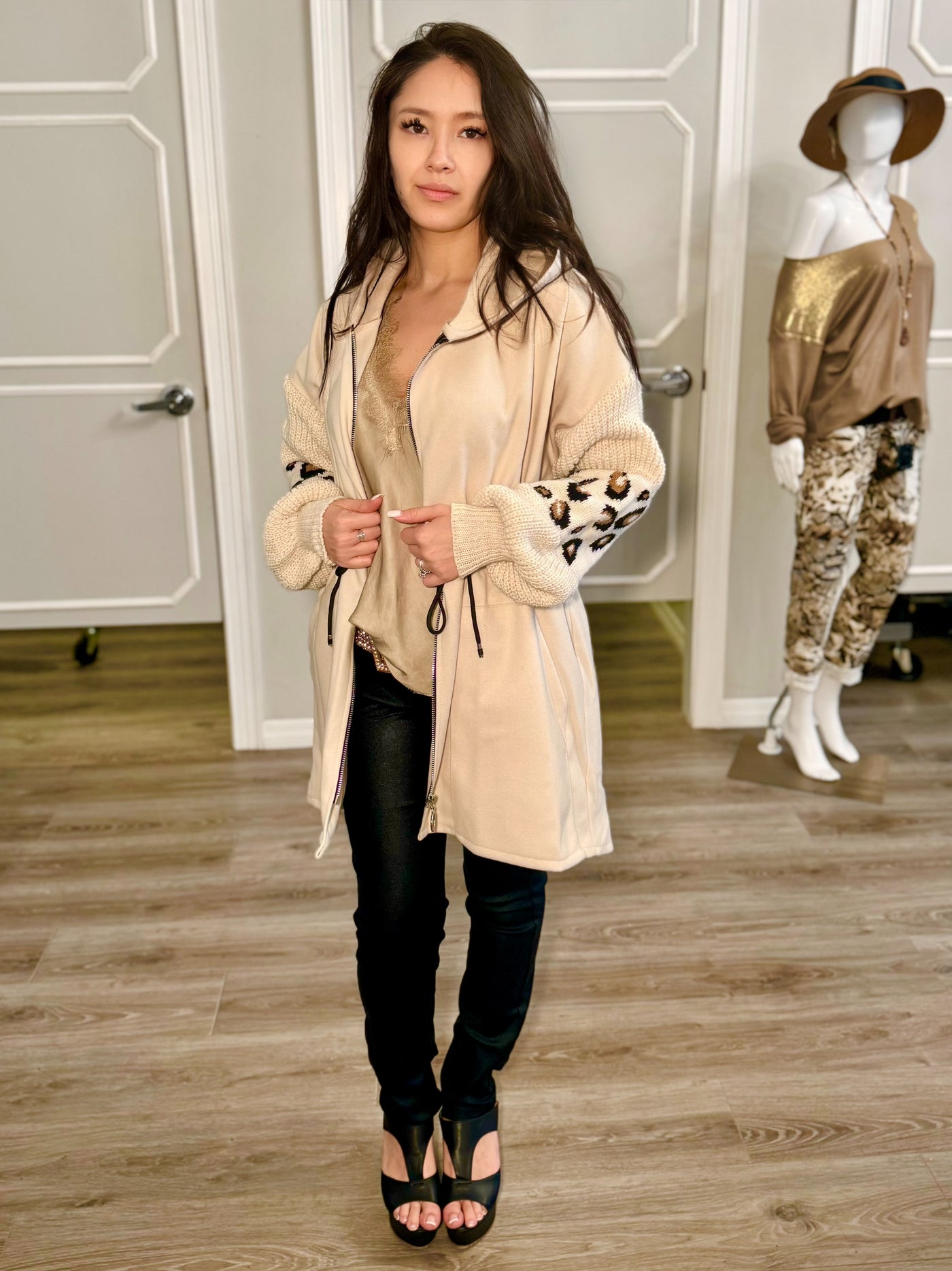 Cream Cheetah Hoodie Coat with Drawstring