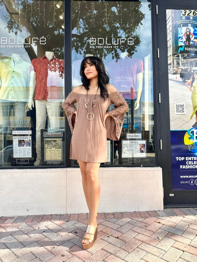 Mocha Lace Off the Shoulder Dress