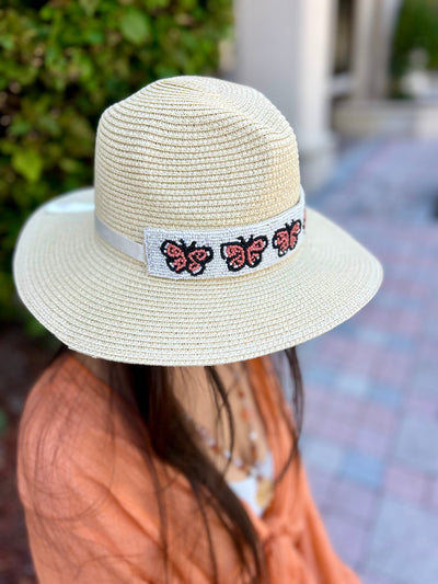 Coral Butterfly Straw Hat