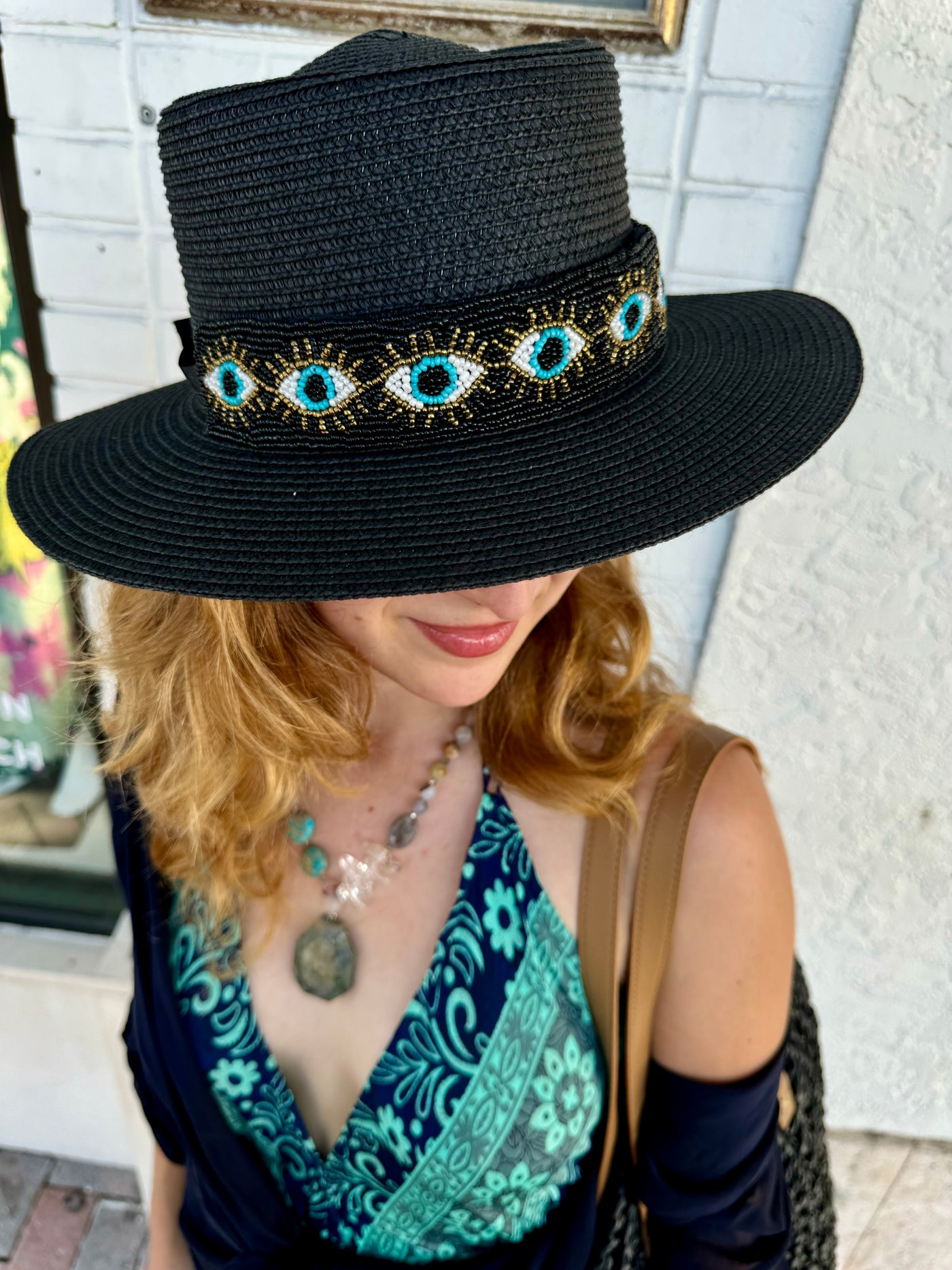 Beaded Evil Eye Straw Boaters Hat