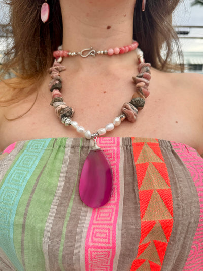 Magdalena Necklace- Stunning Magenta Agate Pendant Necklace with Fresh Water Pearls-My Heart to Yours Collection