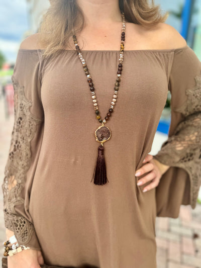 Mocha Lace Off the Shoulder Dress