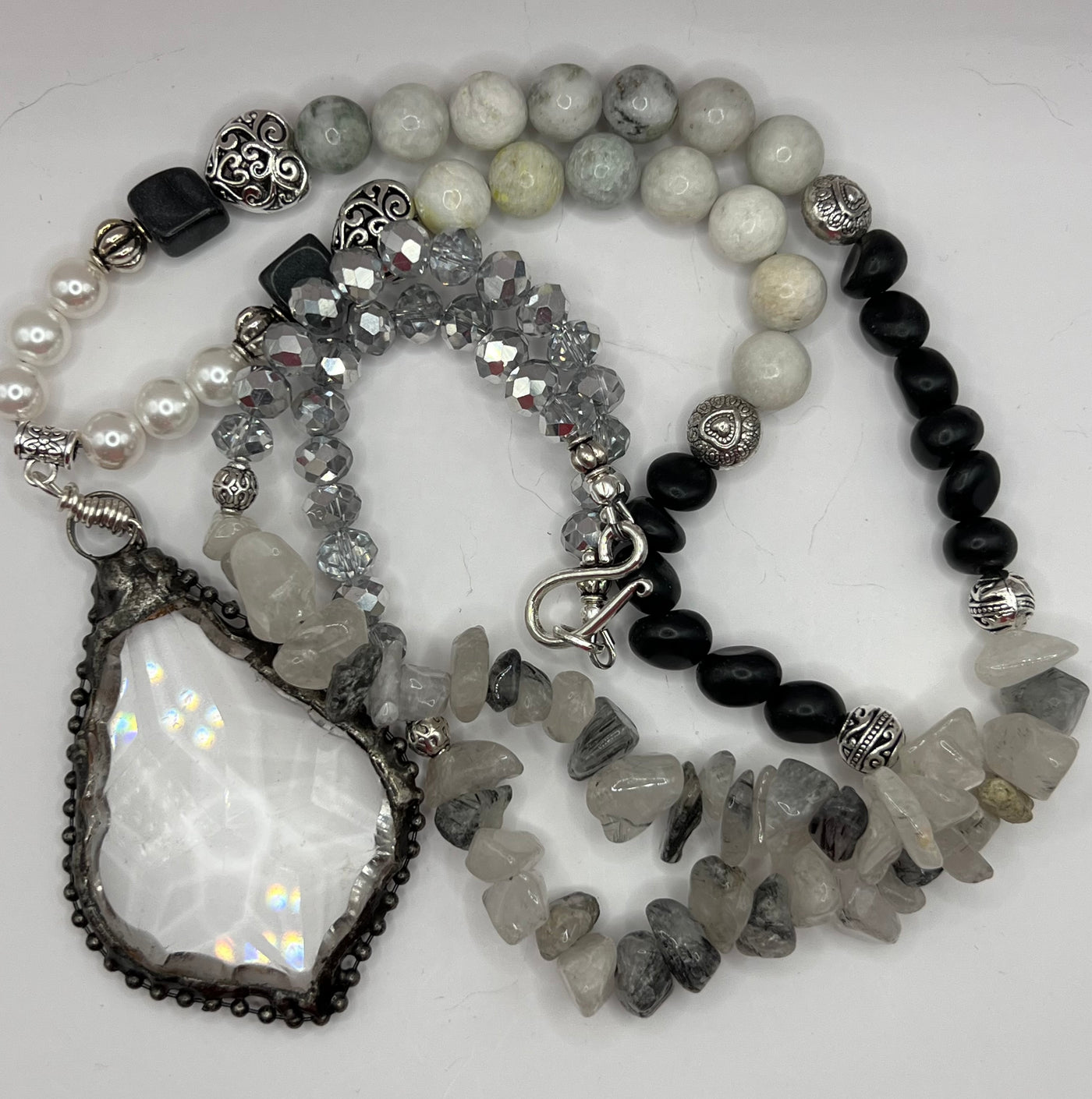 Sensational Crystal Pendant with Obsidian stones and Pearls- the Lana Necklace- My Heart to Yours Collection