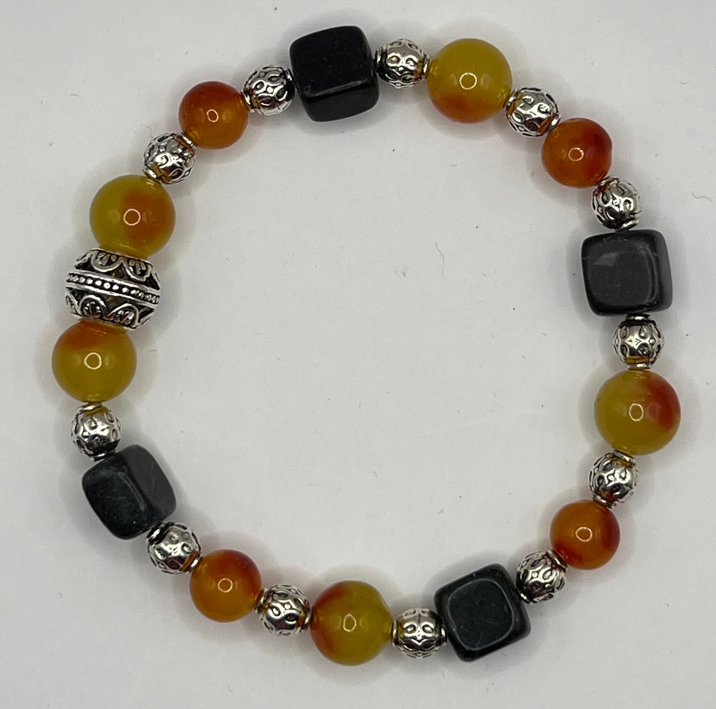 Gorgeous Black Obsidian Onyx and Orange Hues Tourmaline Beads stretch bracelet- Hailey bracelet