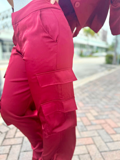 Maroon Satin-Feel Cargo Pants