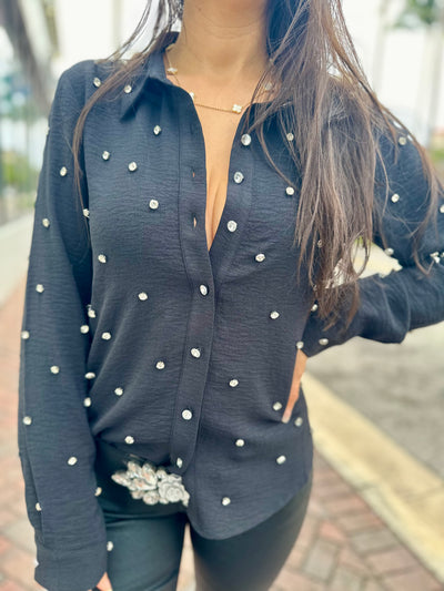 Nightfall Rhinestone Long Sleeve Button Down